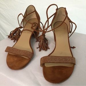 Stuart Weitzman womens tobacco colored suede leather sandals.   Beaded/straps